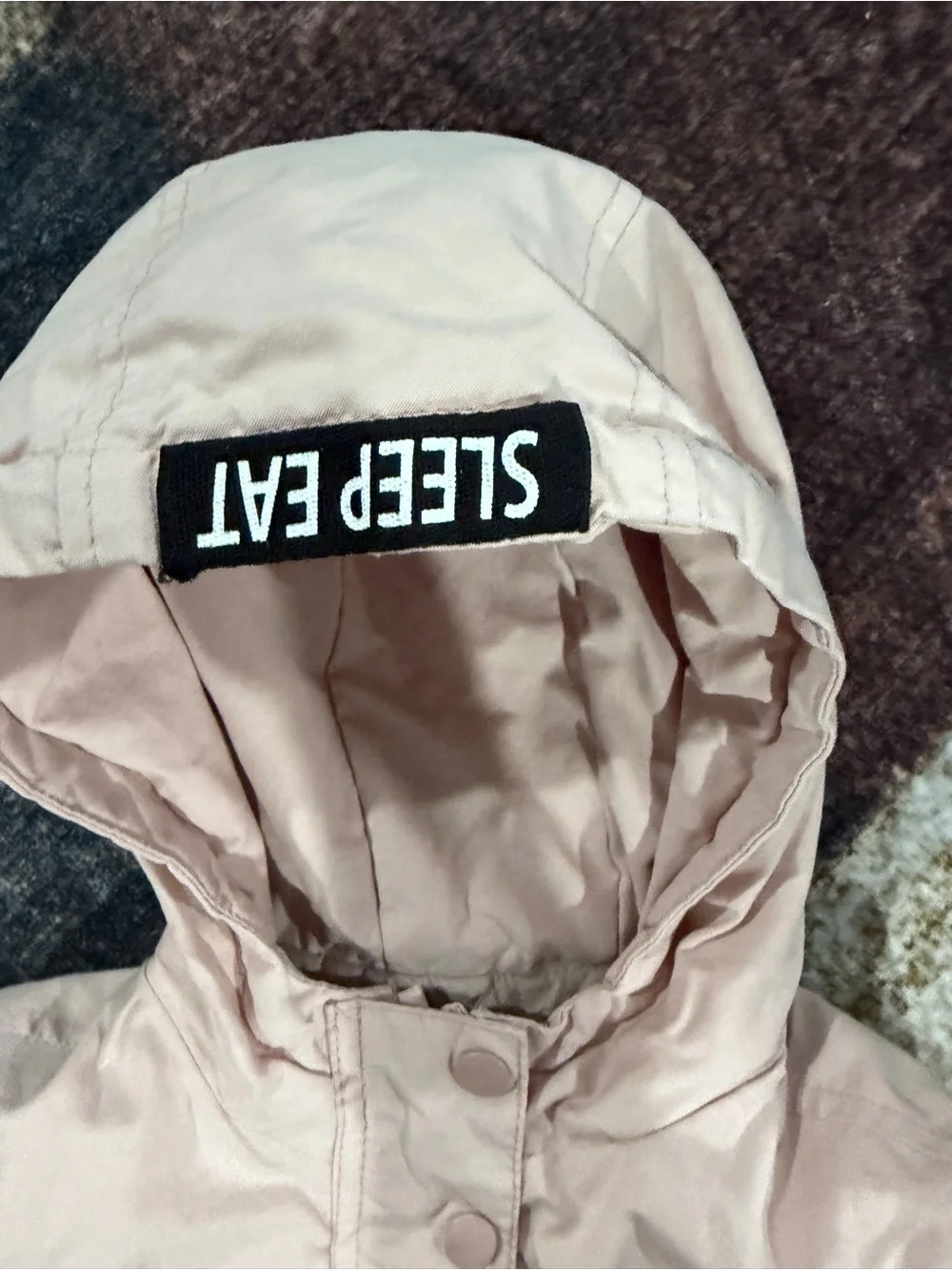 Zara Light Cream Hooded Puffer Jacket with Snoopy Back Graphic